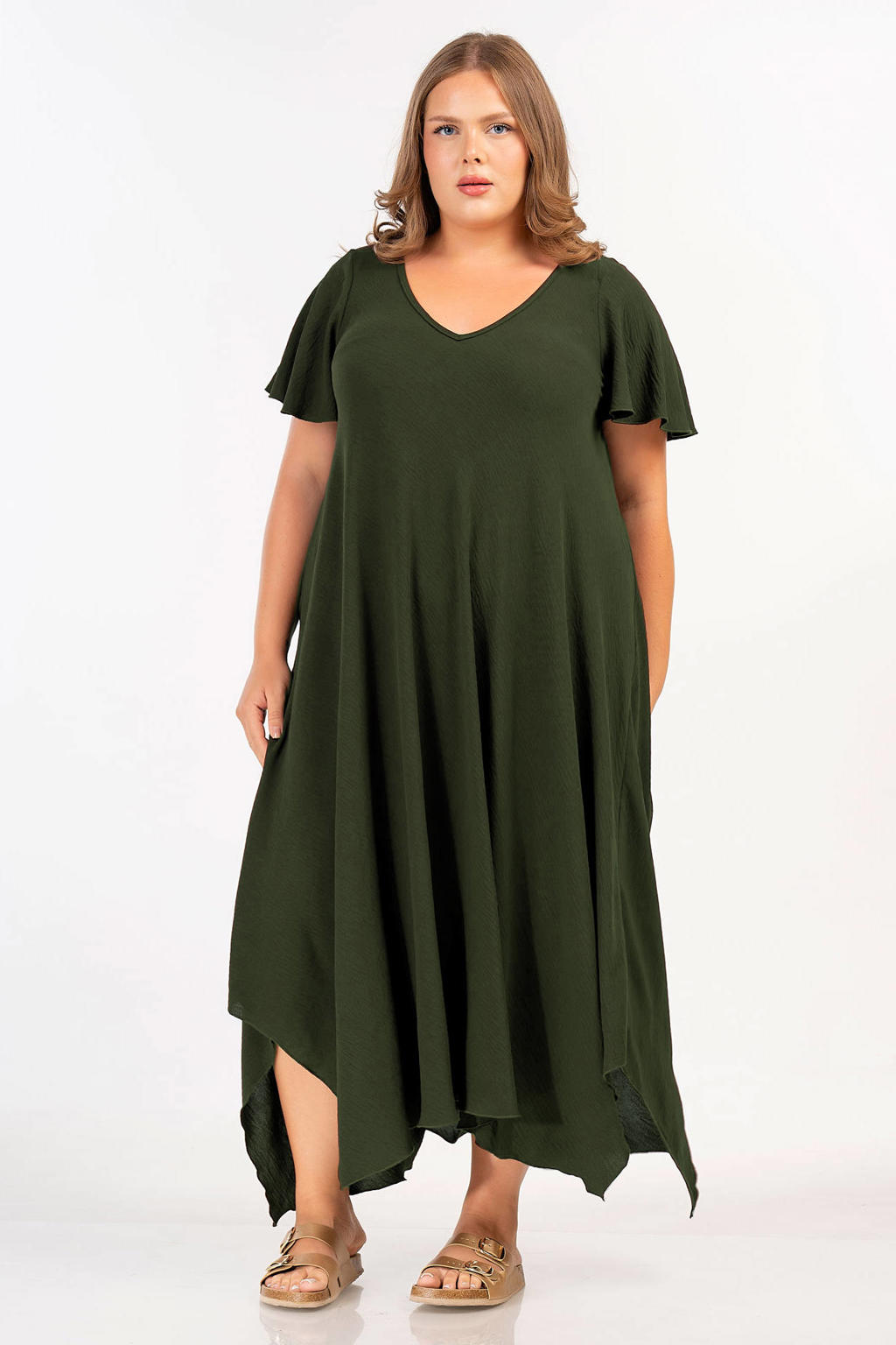 Groene dames Curviss maxi jurk van polyester met effen, korte mouwen en V-hals