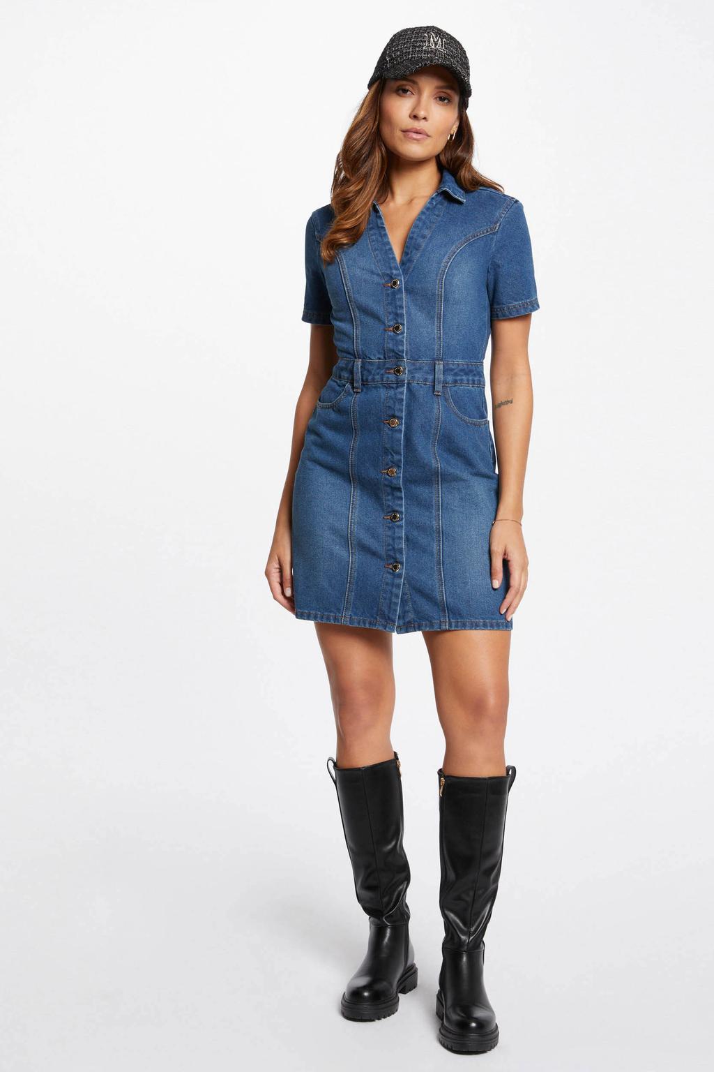 Medium blue denim dames Morgan blousejurk van denim met effen, korte mouwen, V-hals, knoopsluiting en riemlussen