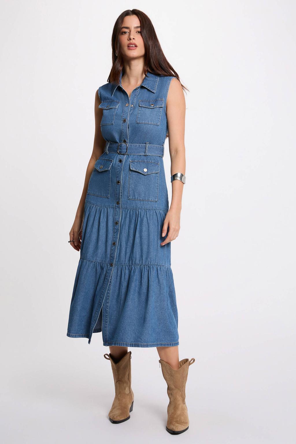 Medium blue denim dames Morgan blousejurk van denim met effen, klassieke kraag, knoopsluiting en ceintuur