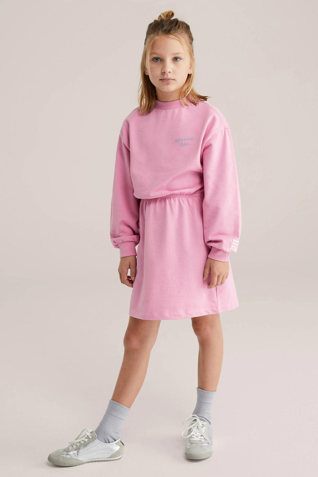 Roze meisjes WE Fashion sweatjurk met effen, lange mouwen, ronde hals en elastische boord