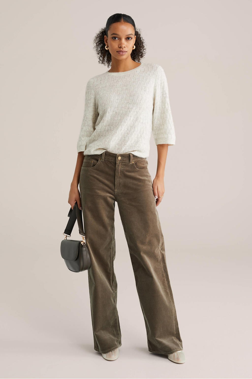 Beige dames WE Fashion gebreide trui van polyamide met effen, half lange mouwen en ronde hals