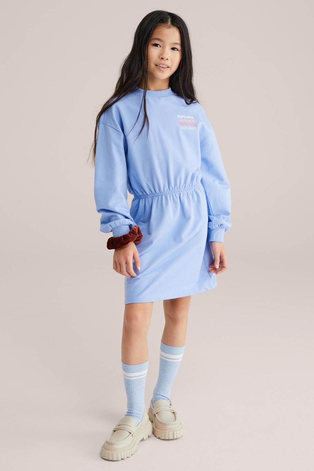 Lichtblauwe meisjes WE Fashion sweatjurk met effen, lange mouwen, ronde hals en elastische boord