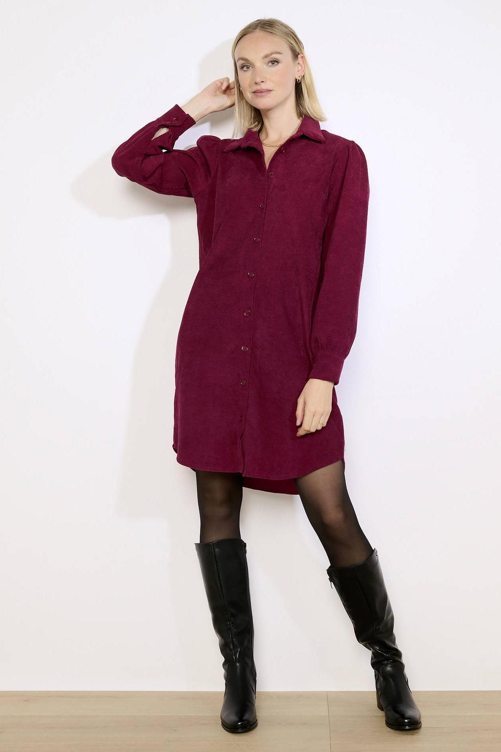 Donkerrode dames LOLALIZA corduroy blousejurk met effen, lange mouwen, klassieke kraag en knoopsluiting