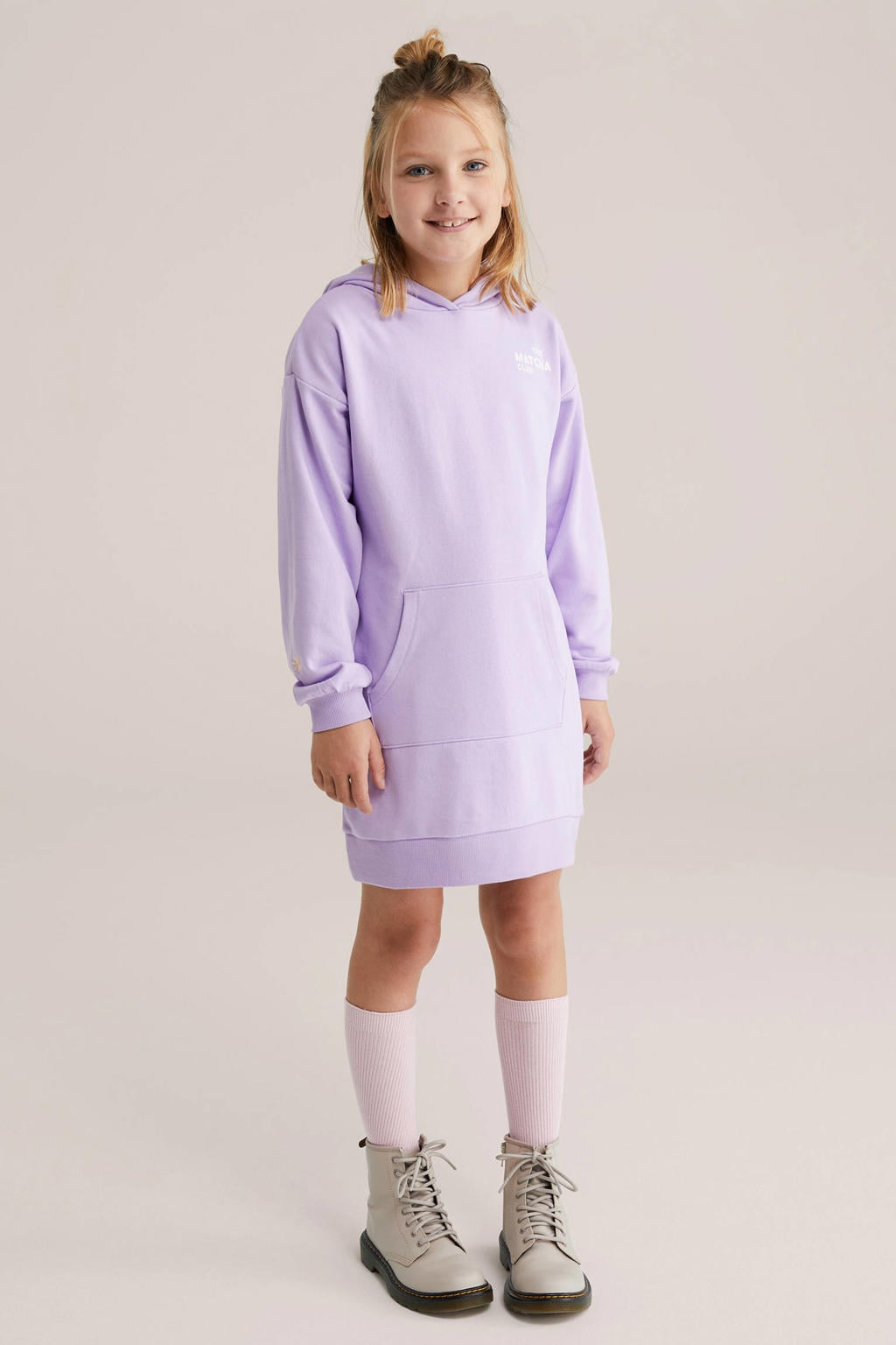 Paarse meisjes WE Fashion sweatjurk met backprint, lange mouwen, ronde hals en geribde boorden