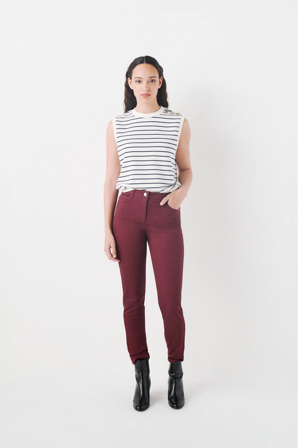 Donkerrode dames Caroll skinny jeans van denim met regular waist, rits- en knoopsluiting en effen