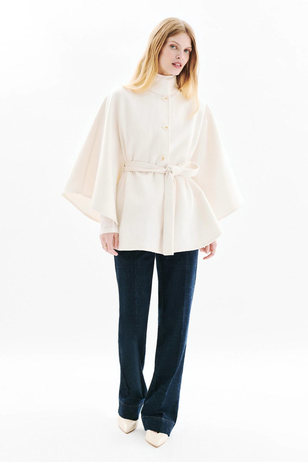 Ecru dames Caroll poncho-jas van polyester met effen, lange mouwen, opstaande kraag en ceintuur