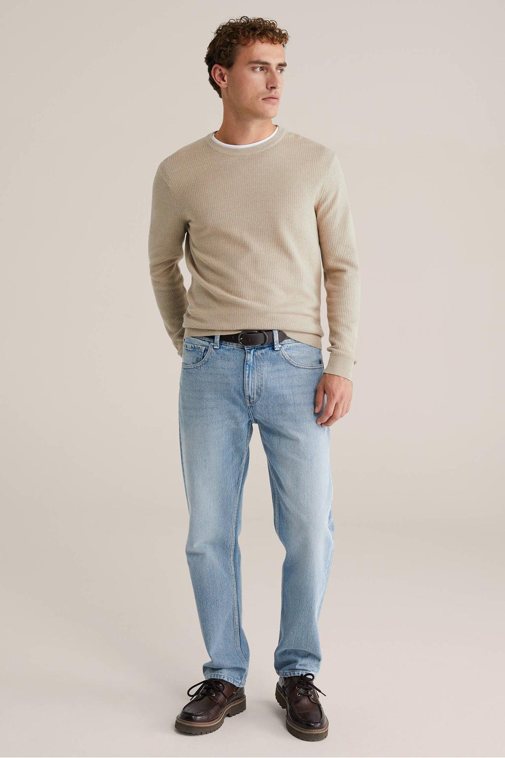 Beige heren WE Fashion trui gebreid van katoen met effen, lange mouwen en ronde hals