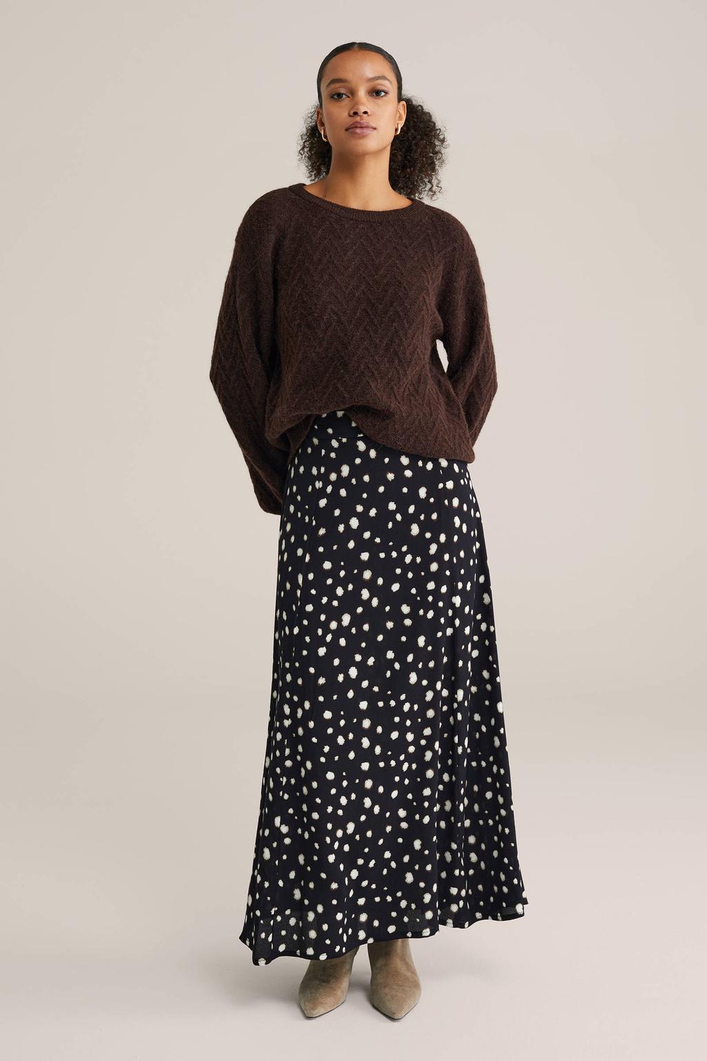 Donkerblauwe dames WE Fashion gebreide trui van polyester met effen, lange mouwen en ronde hals