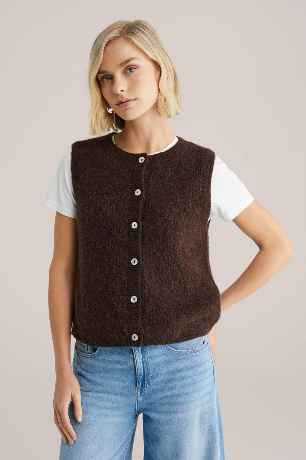 Donkerblauwe dames WE Fashion gilet van polyester met effen, ronde hals en knoopsluiting