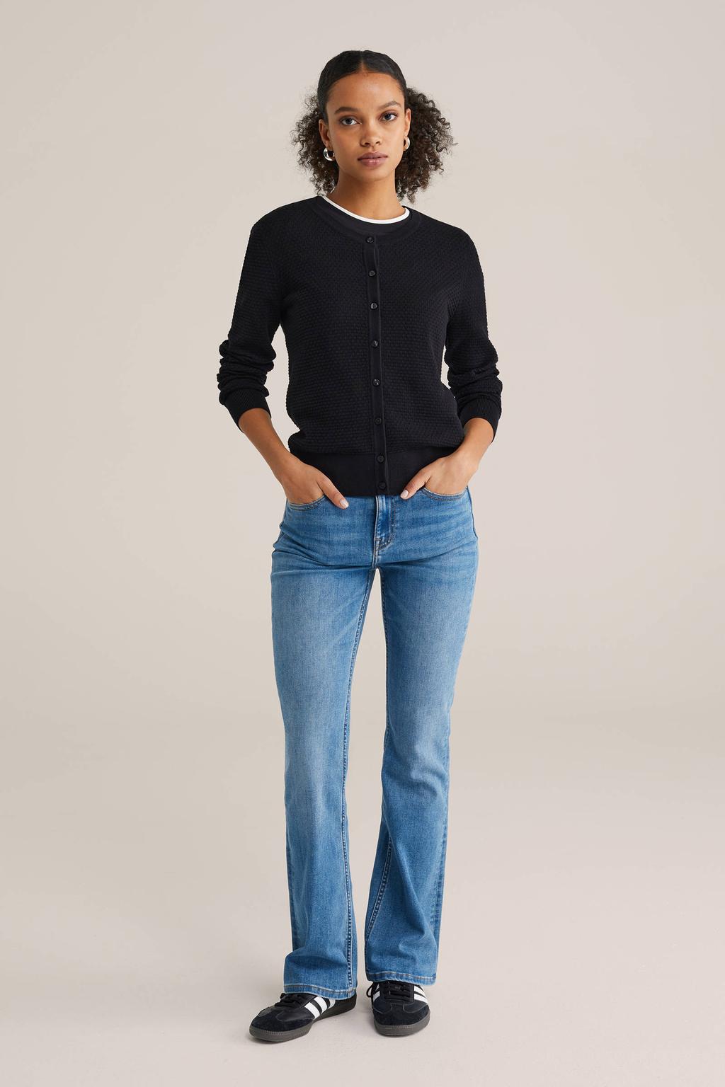 Zwarte dames WE Fashion gebreid vest van katoen met effen, lange mouwen, ronde hals en knoopsluiting