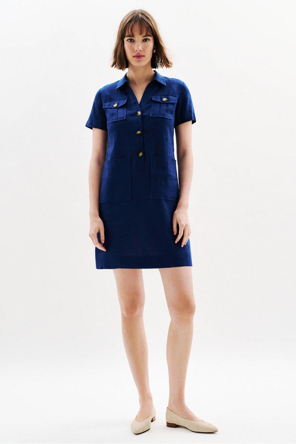 Dark blue denim dames Caroll linnen spijkerjurk dark blue met effen, korte mouwen en klassieke kraag