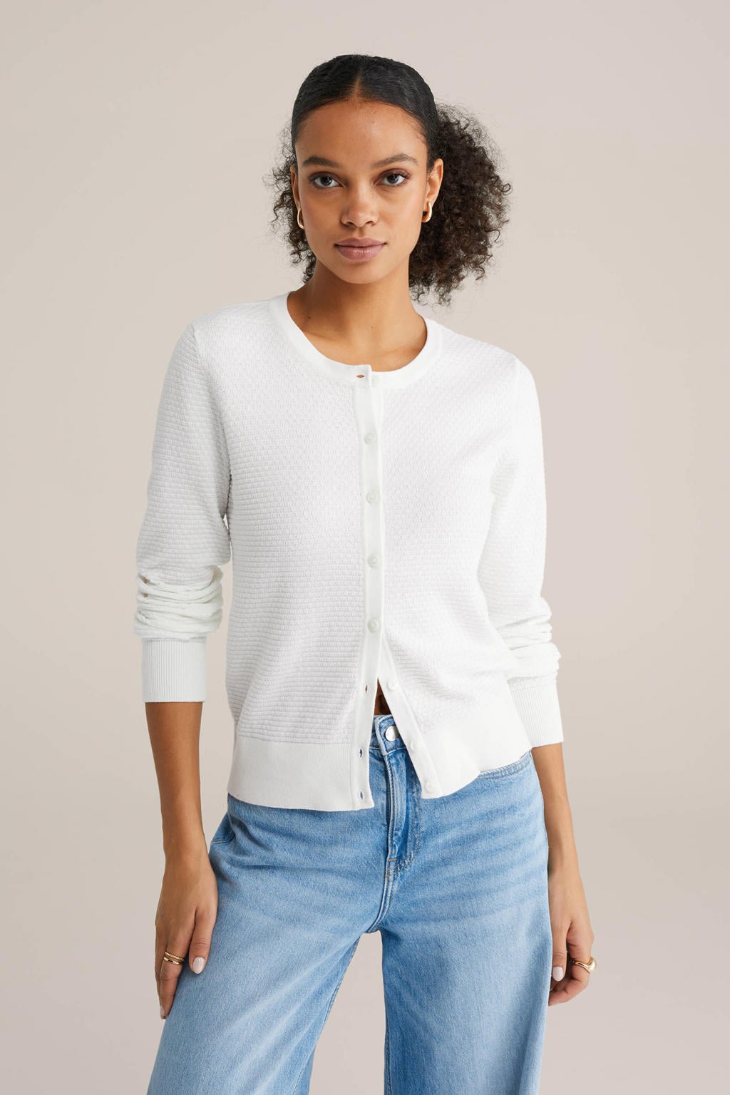 Witte dames WE Fashion gebreid vest van katoen met effen, lange mouwen, ronde hals en knoopsluiting