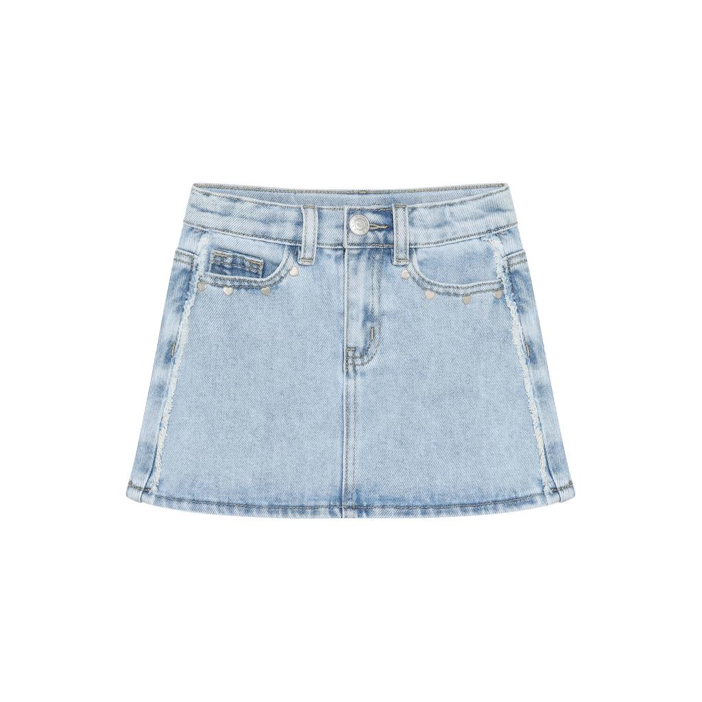 Blauwe meisjes Daily7 spijkerrok gemaakt van denim en met rits- en knoopsluiting