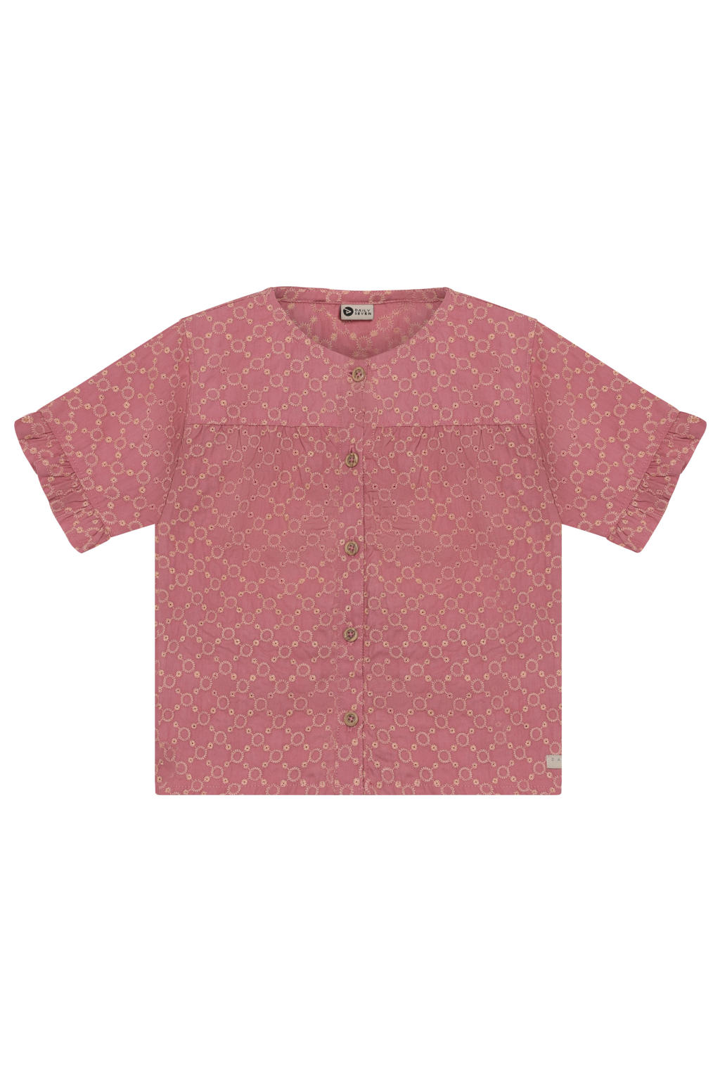 Roze meisjes Daily7 blouse broderie van katoen met korte mouwen, ronde hals en knoopsluiting