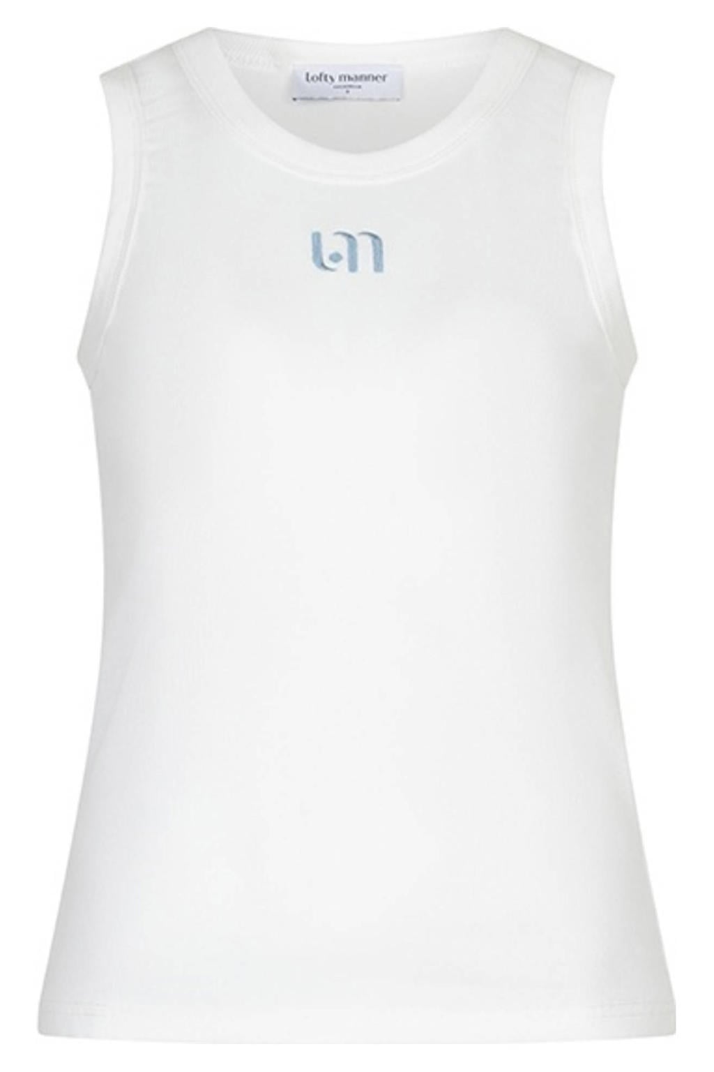 Wit en lichtblauwe dames Lofty Manner top van viscose met effen en ronde hals