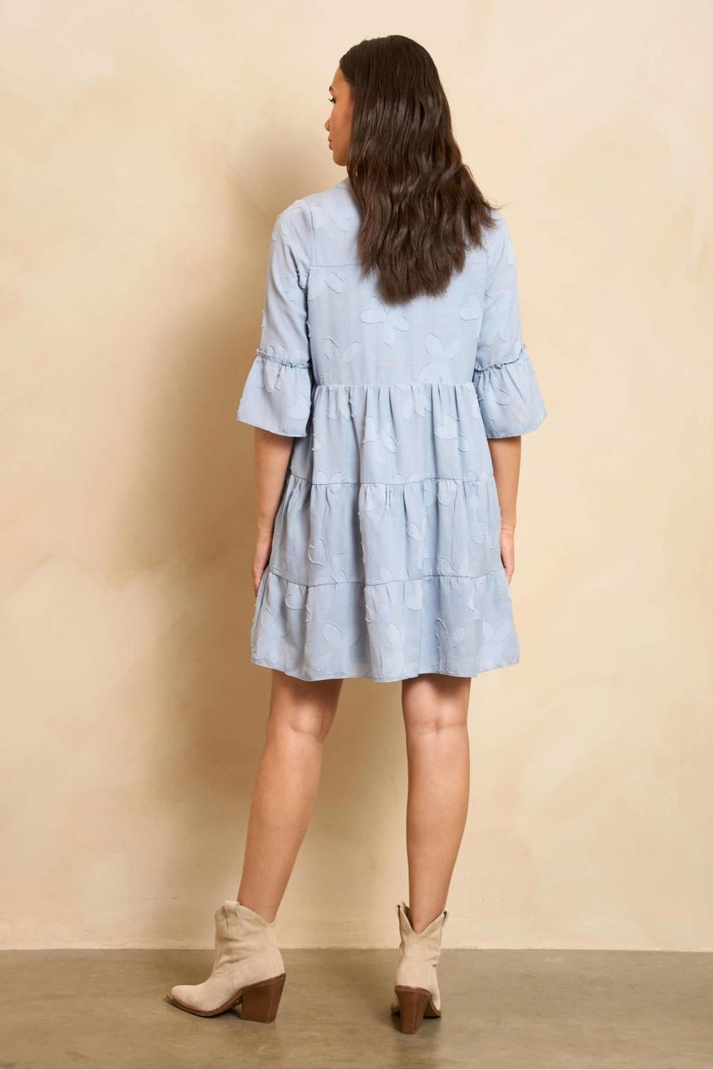 Lichtblauwe dames Lofty Manner zomerjurk van polyester met half lange mouwen, V-hals en volant