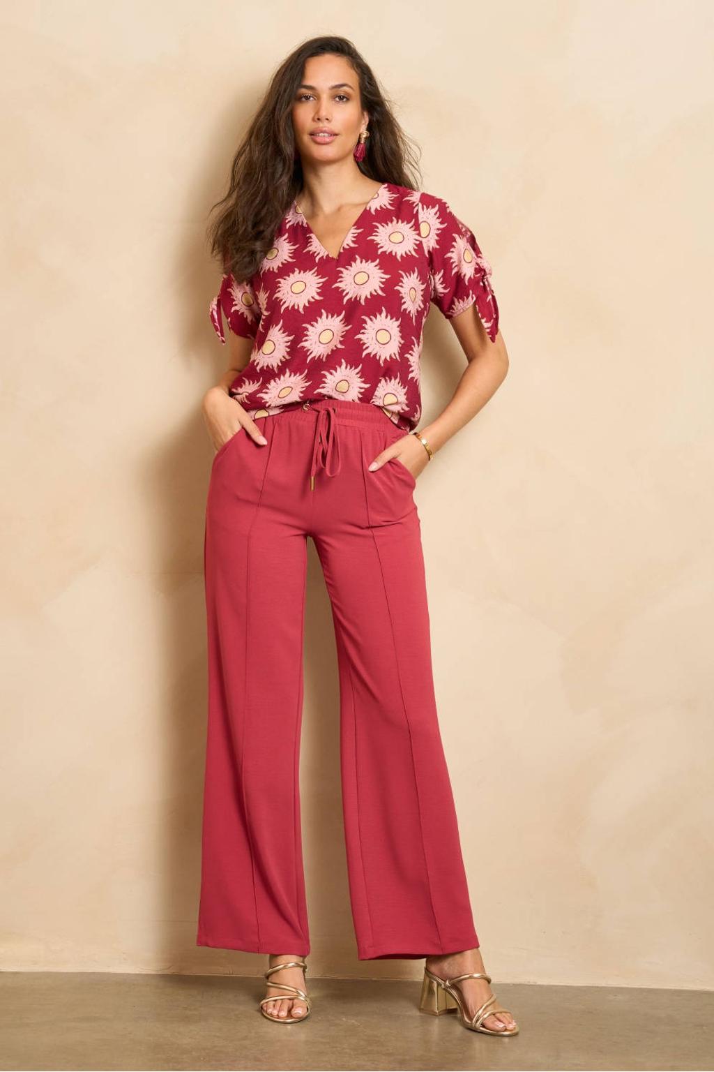 Rood en witte dames Lofty Manner top van polyester met korte mouwen, klassieke kraag en strikje