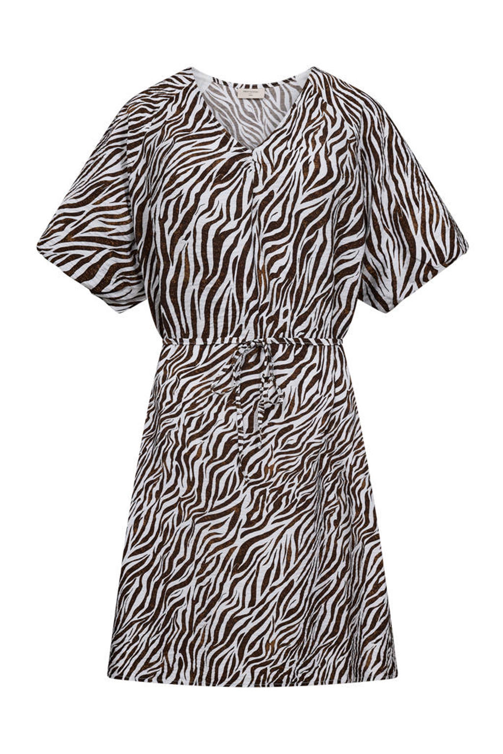 Bruin en ecru dames FREEQUENT korte jurk van viscose met zebraprint, korte mouwen en V-hals