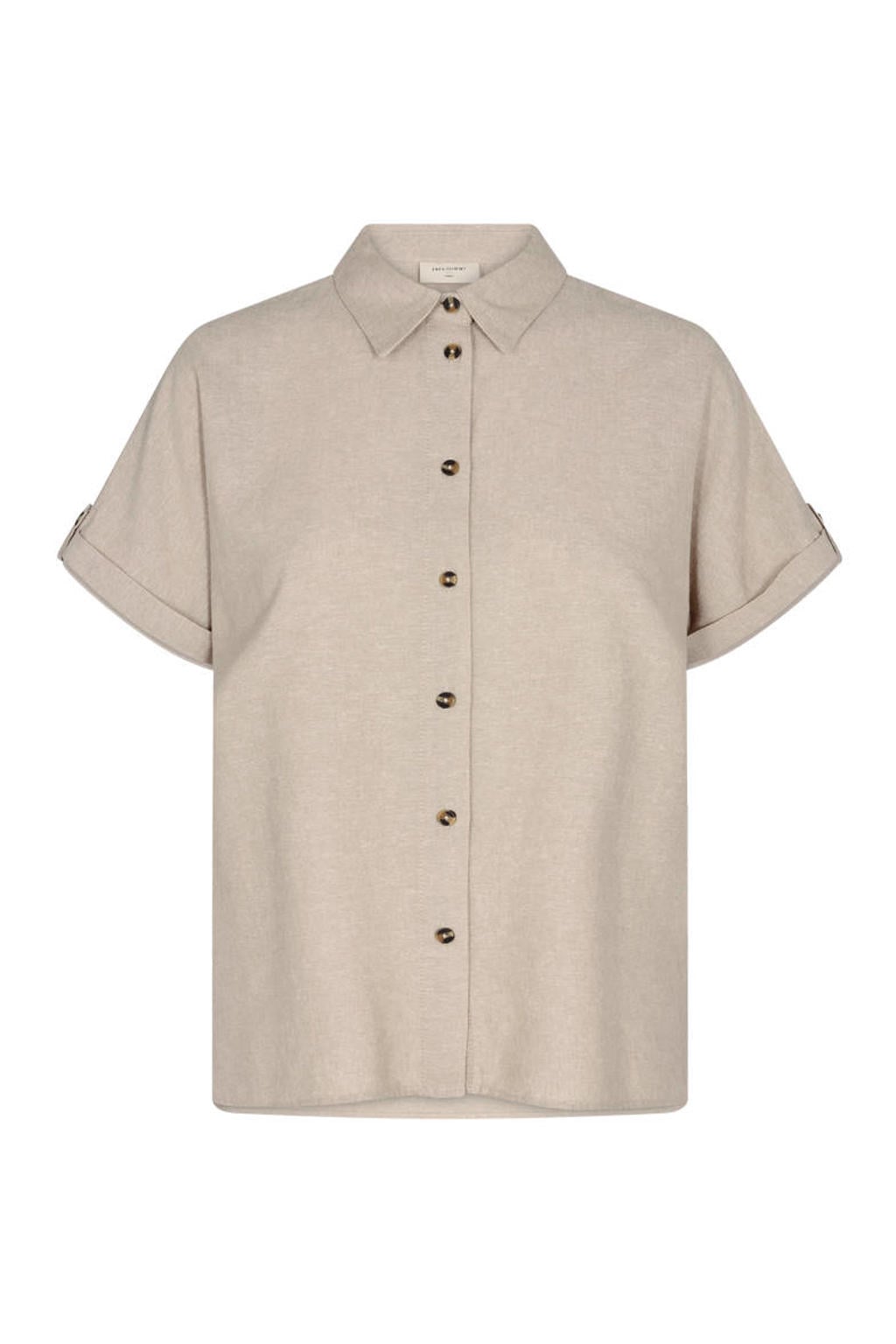 Zandkleurige dames FREEQUENT blouse van linnen met effen, korte mouwen, klassieke kraag, knoopsluiting en omslagdetail