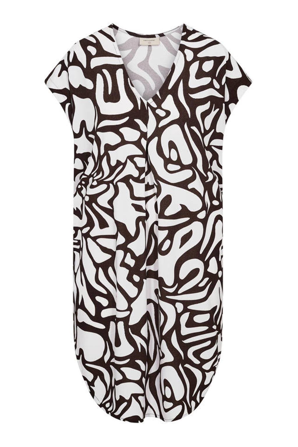 Bruin en witte dames FREEQUENT korte jurk van polyester met korte mouwen en V-hals
