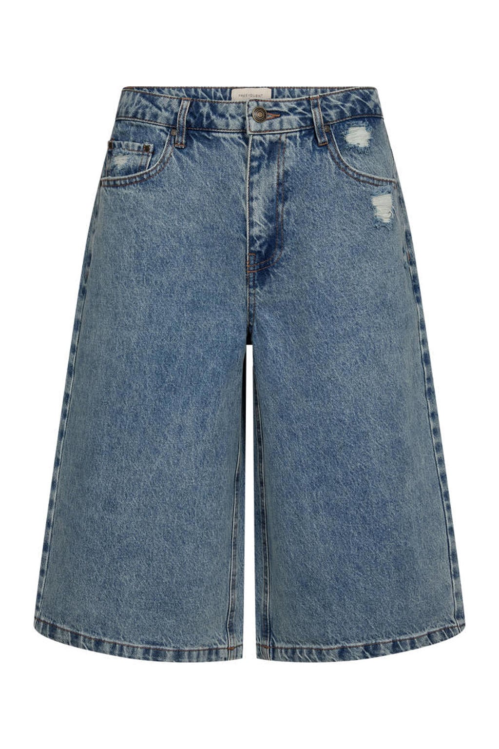 Medium blue denim dames FREEQUENT wide leg regular waist short van denim met rits- en knoopsluiting en effen