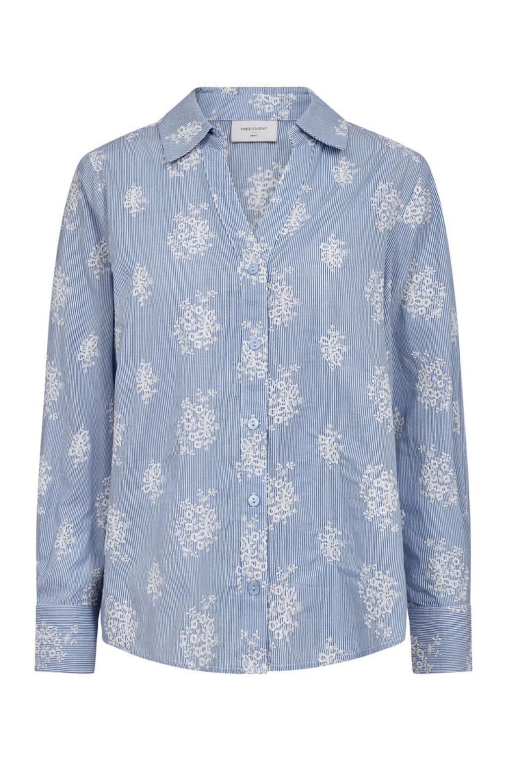 Blauw en witte dames FREEQUENT gestreepte blouse van katoen met lange mouwen, klassieke kraag, knoopsluiting en borduursels