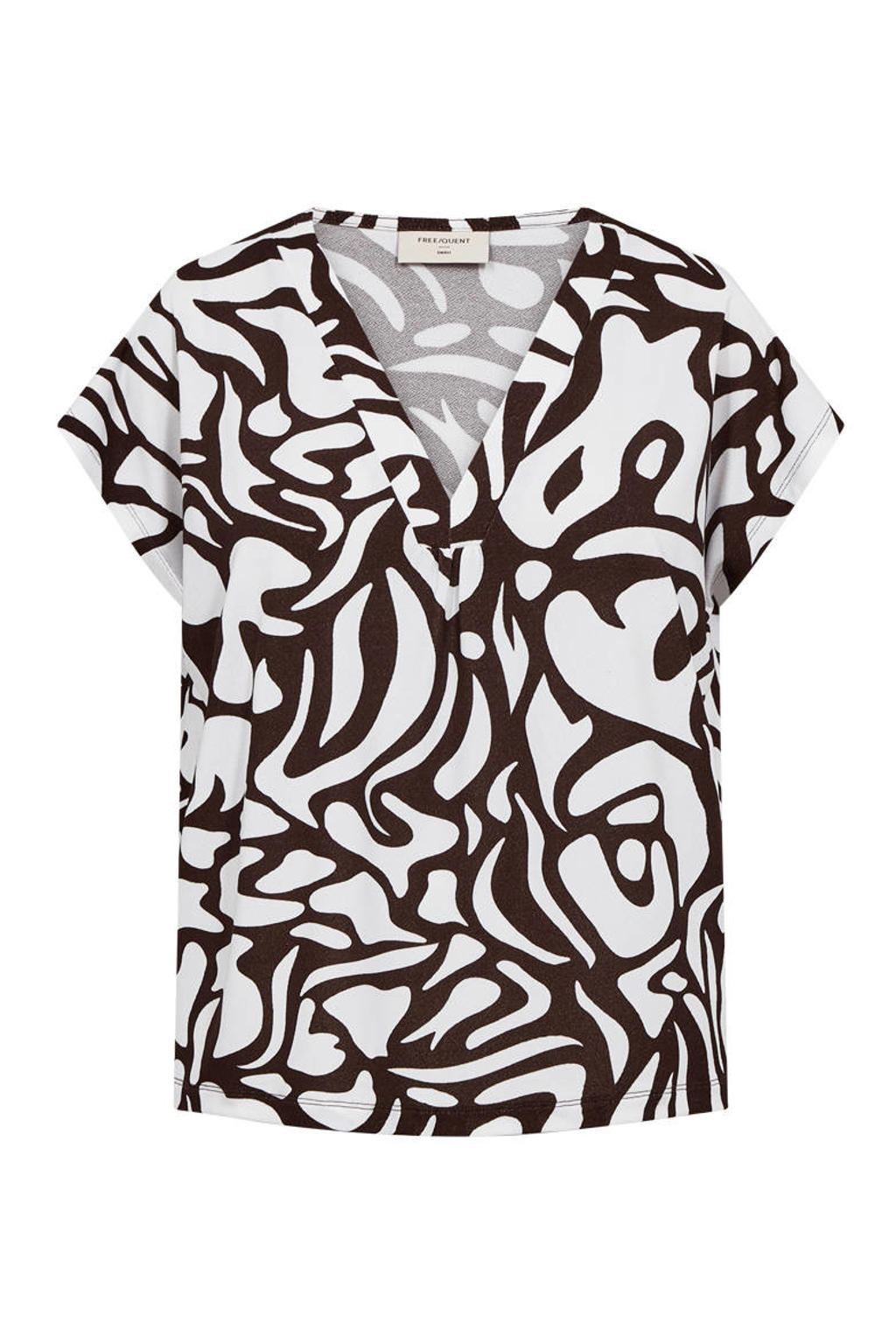 Bruin en witte dames FREEQUENT top van polyester met korte mouwen en V-hals