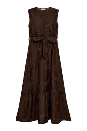 viscose gebloemde midi jurk met borduursels - bruin