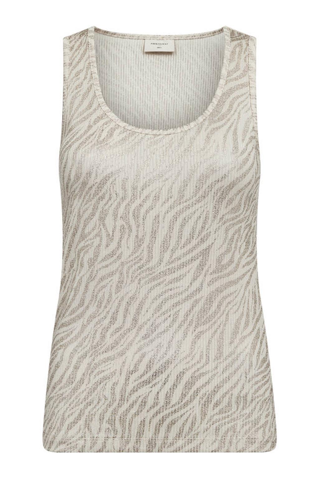 Beige dames FREEQUENT top van polyester met zebraprint, ronde hals en rib gebreide details