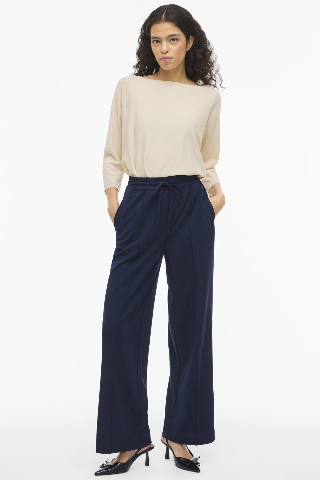 Ecru dames VILA trui gebreid van polyester met effen, lange mouwen en boothals