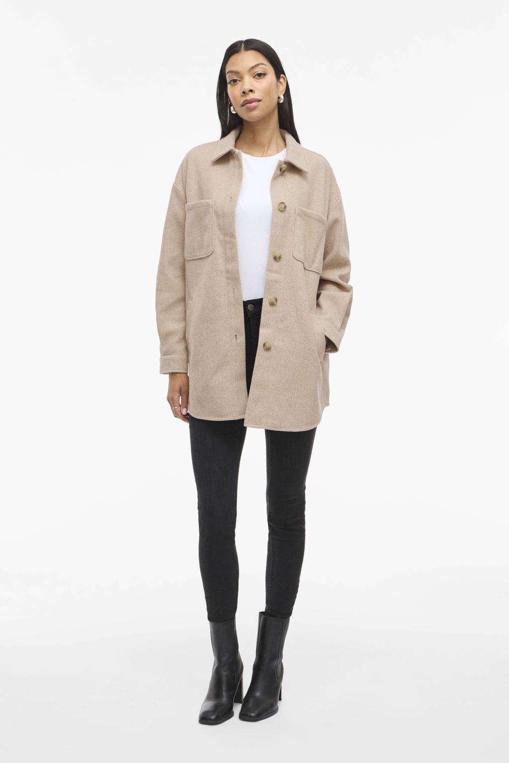 Ecru dames VILA shacket van polyester met effen, lange mouwen, klassieke kraag en knoopsluiting