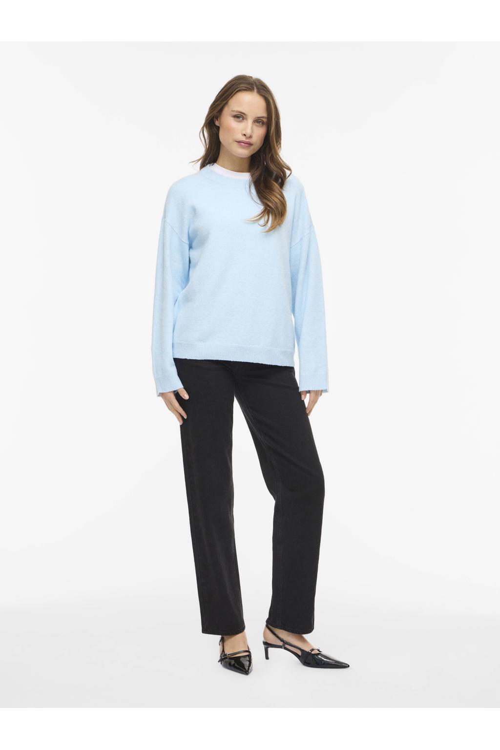 Lichtblauwe dames VILA trui fijn gebreid van polyester met melée print, lange mouwen en ronde hals