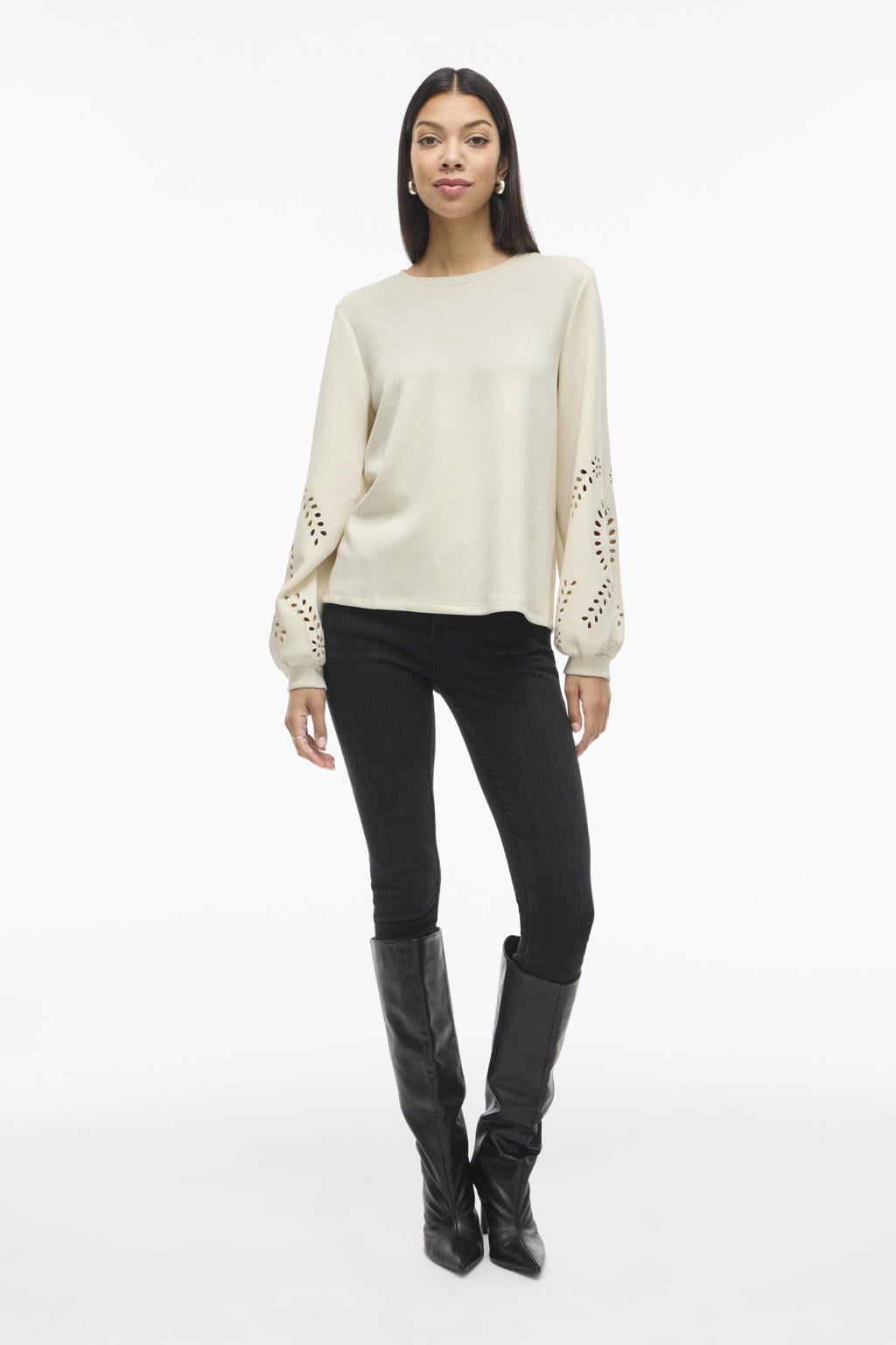 Ecru dames VILA sweater van viscose met effen, lange mouwen, ronde hals en elastische boord