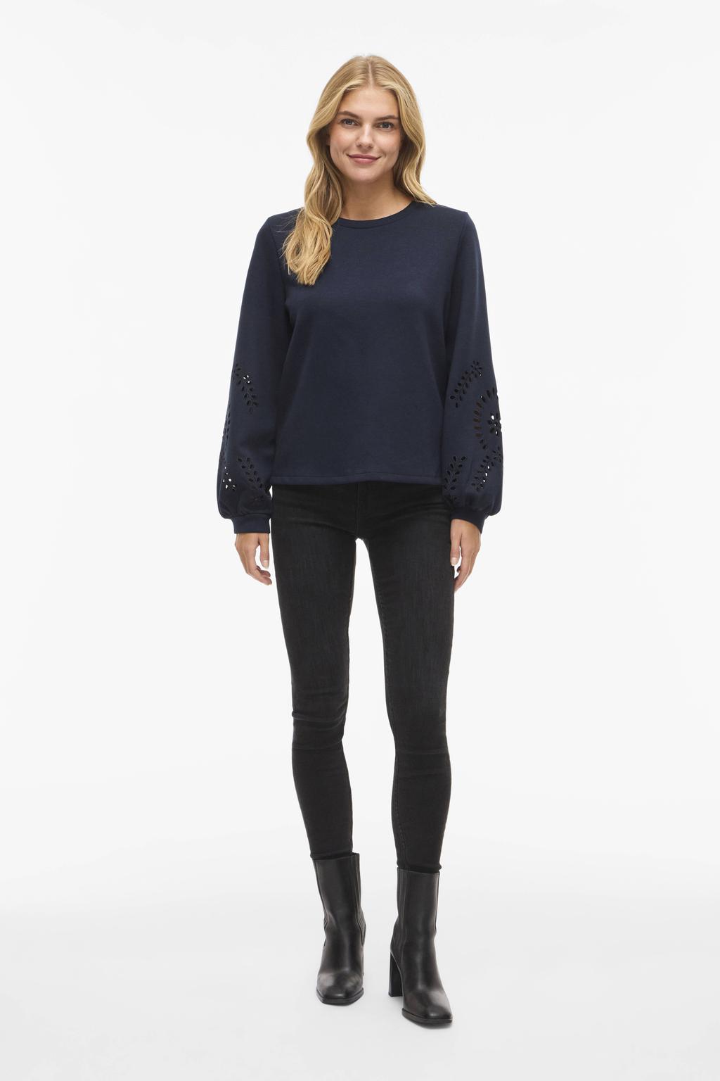 Marineblauw dames VILA sweater blauw van viscose met effen, lange mouwen, ronde hals en elastische boord