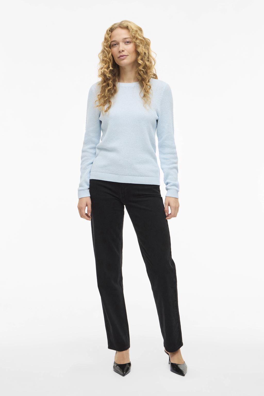 Lichtblauwe dames VILA trui gebreid van viscose met effen, lange mouwen en ronde hals
