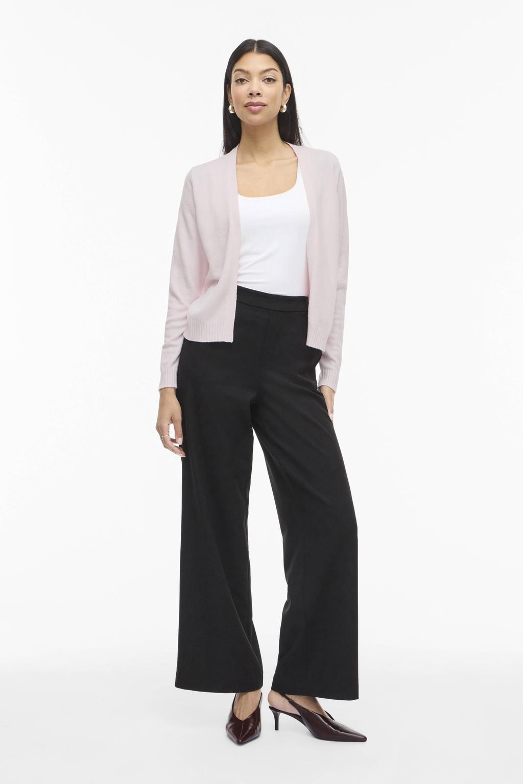 Lichtroze dames VILA vest gebreid van viscose met effen, lange mouwen en openvallende hals