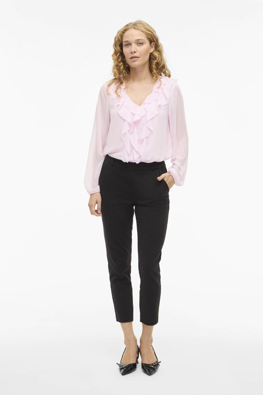 Lichtroze dames VILA top van polyester met effen, lange mouwen, V-hals en volant