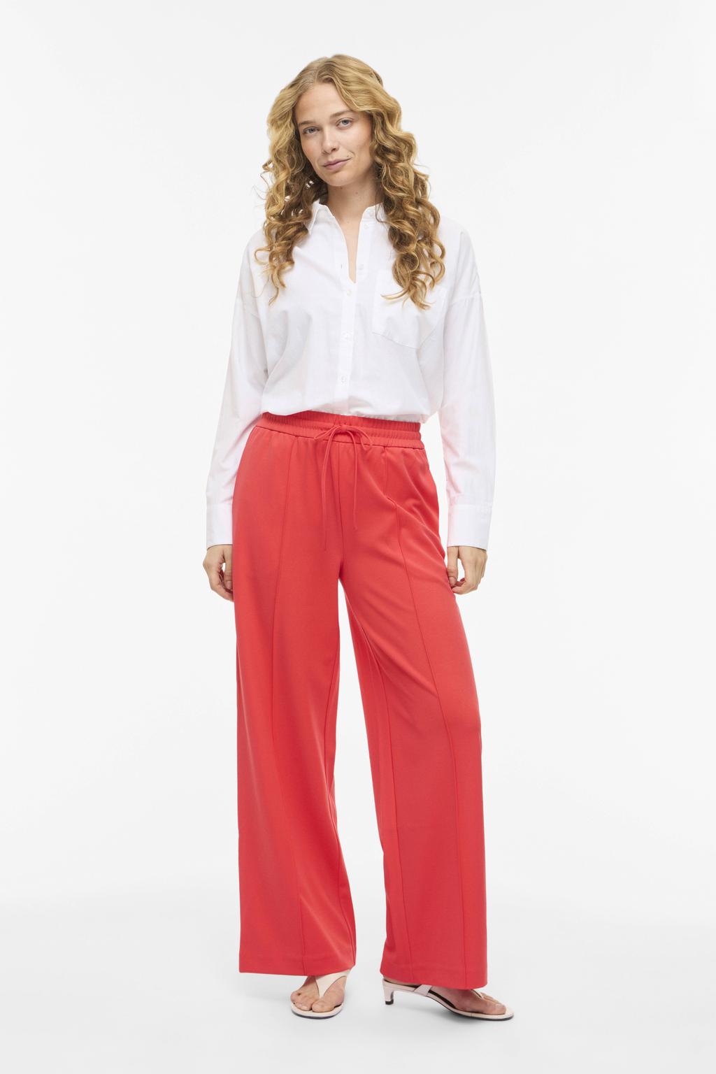 Koraalrode dames VILA Wide leg high waist casual broek gebreid met elastische tailleband met koord en effen