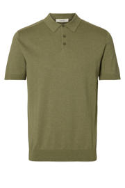 thumbnail: Donkergroene heren SELECTED HOMME Regular polo fijn gebreid van katoen met effen, korte mouwen en knoopsluiting