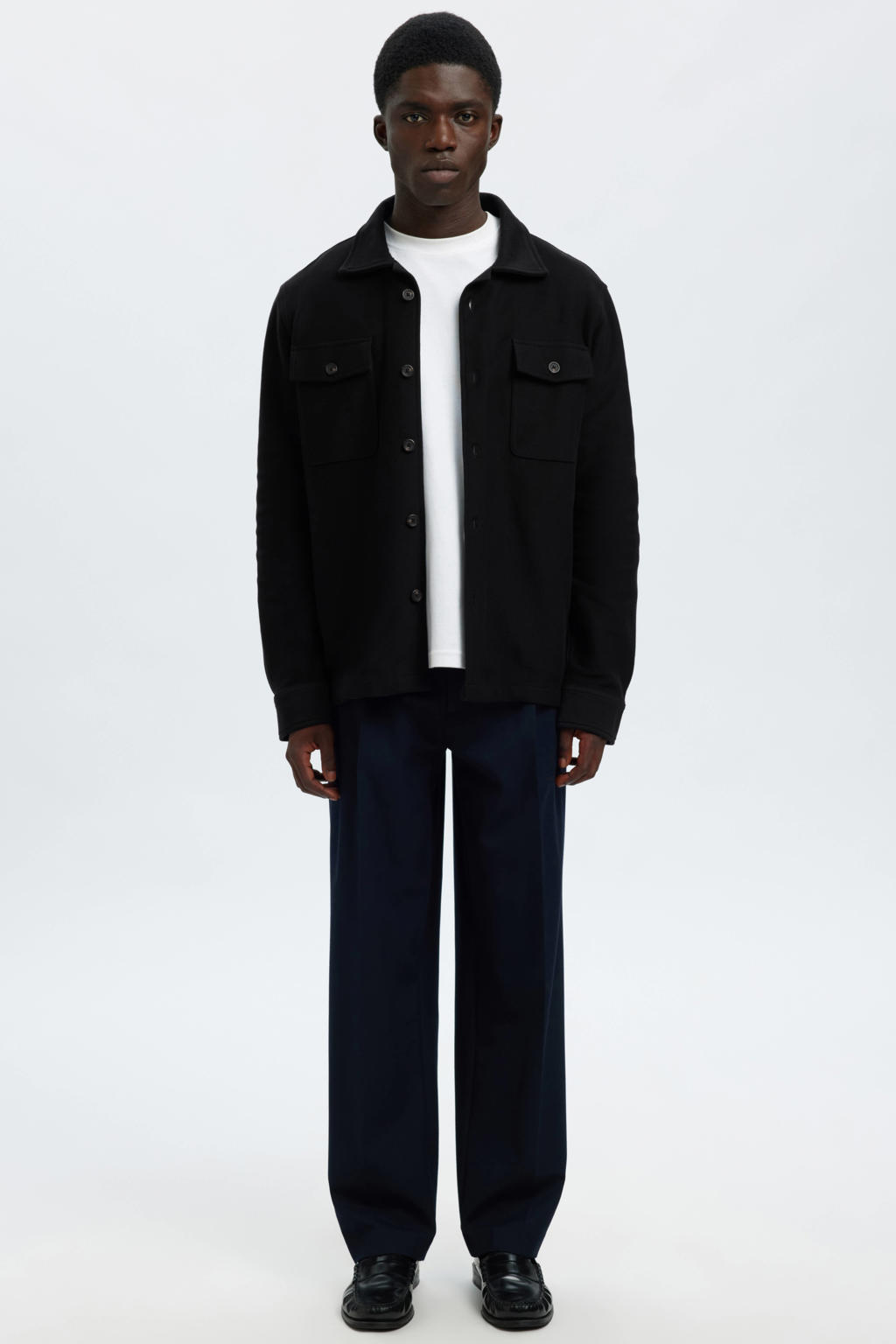 Zwarte heren Selected overshirt van katoen met effen, lange mouwen, klassieke kraag en knoopsluiting