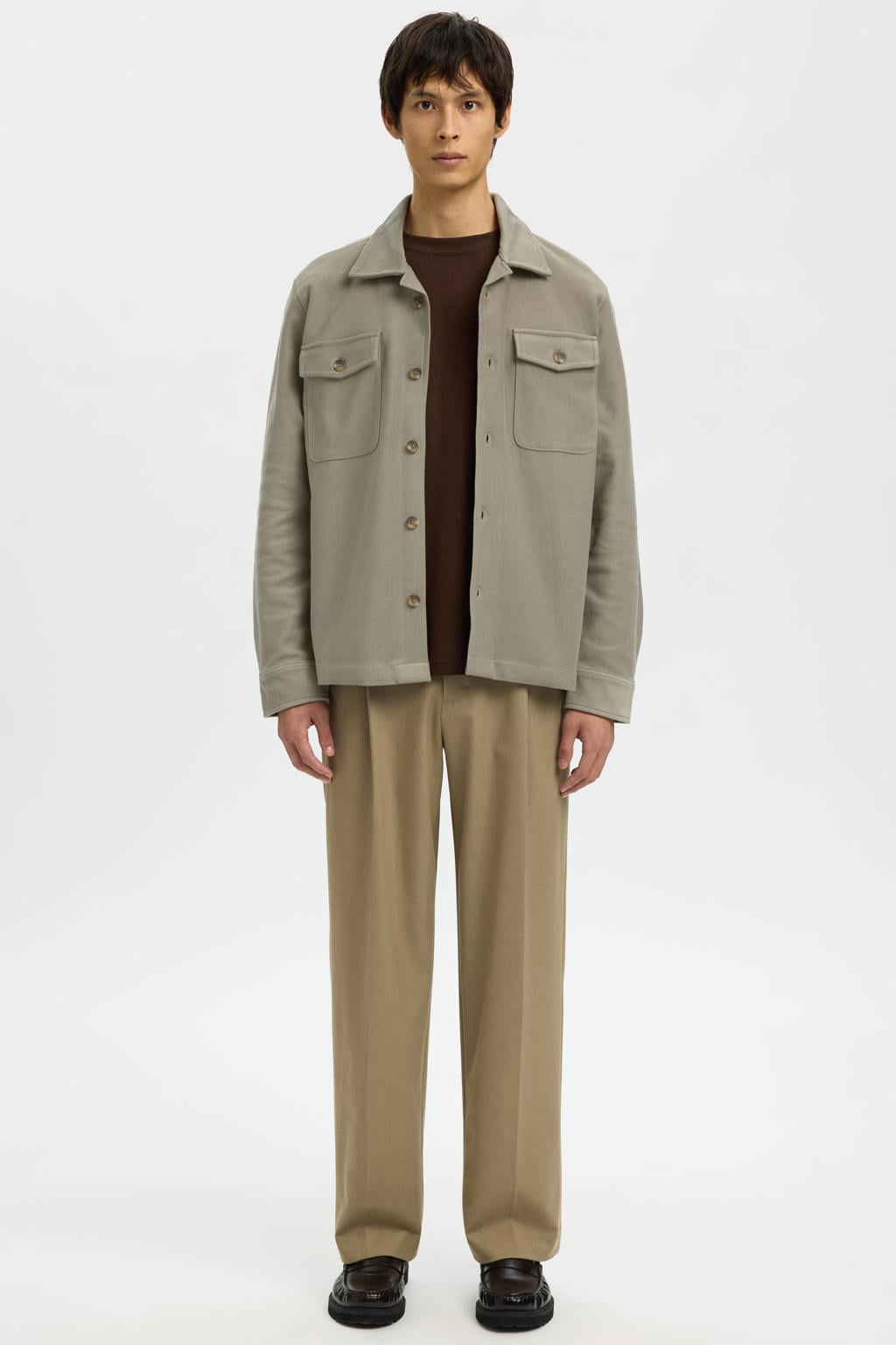 Grijsgroene heren Selected overshirt groen van katoen met effen, lange mouwen, klassieke kraag en knoopsluiting
