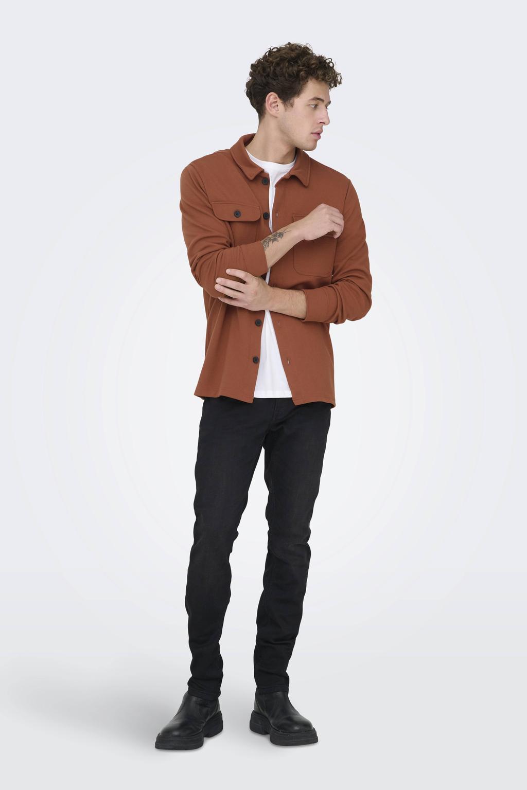 Brique heren ONLY & SONS regular overshirt van polyester met effen, lange mouwen, klassieke kraag en knoopsluiting