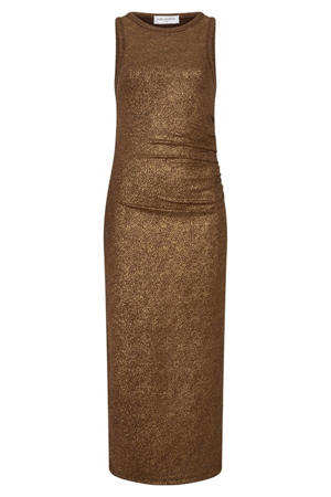 midi jurk met glitters en split - bruin
