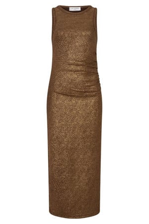 midi jurk met glitters en split - bruin