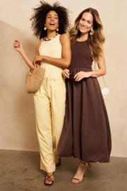 thumbnail: Lofty Manner viscose maxi a-lijn jurk met plooien en logo - bruin
