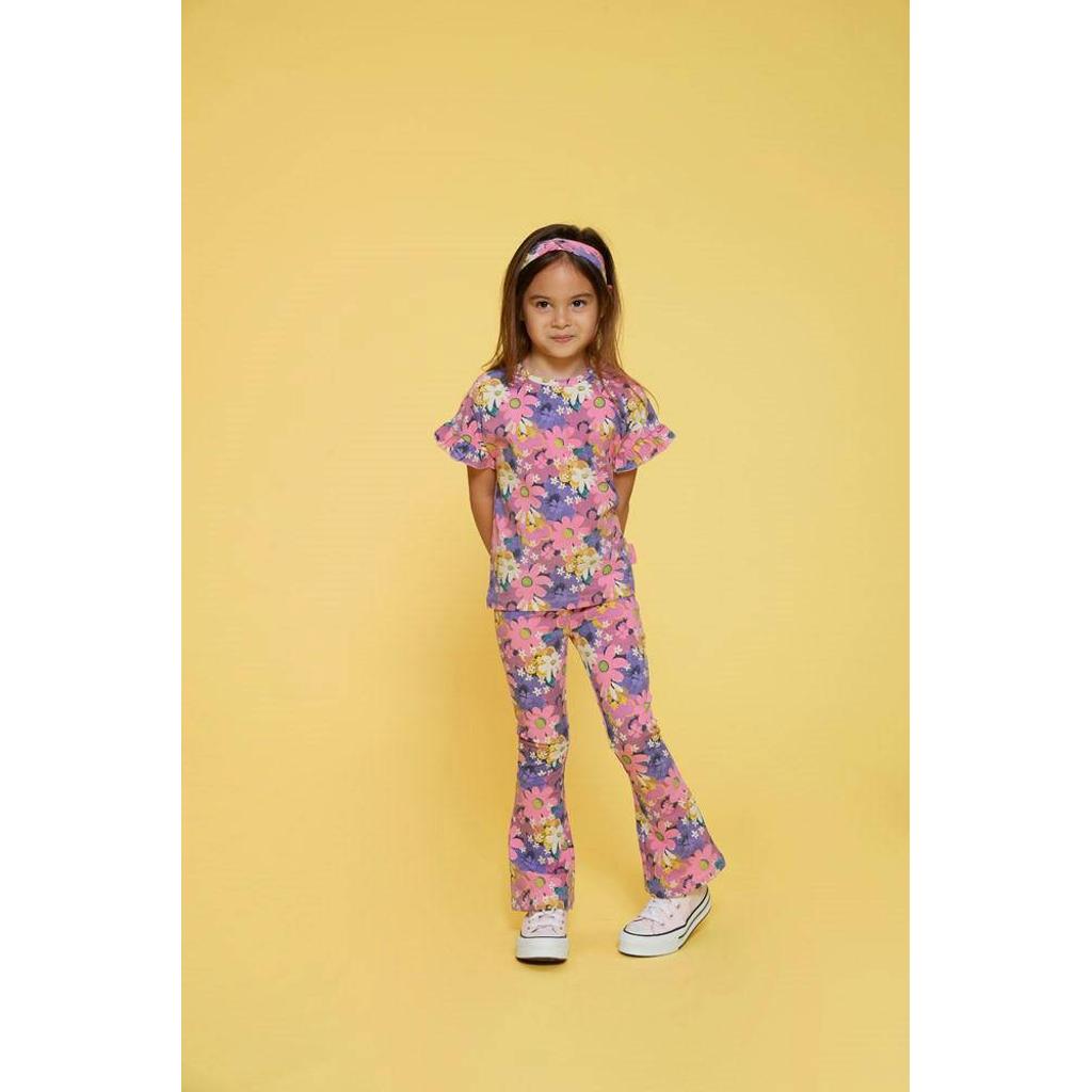 Roze, paars en gele meisjes Jubel T-shirt Rolling into Spring van stretchkatoen met bloemenprint, korte mouwen, ronde hals en ruches