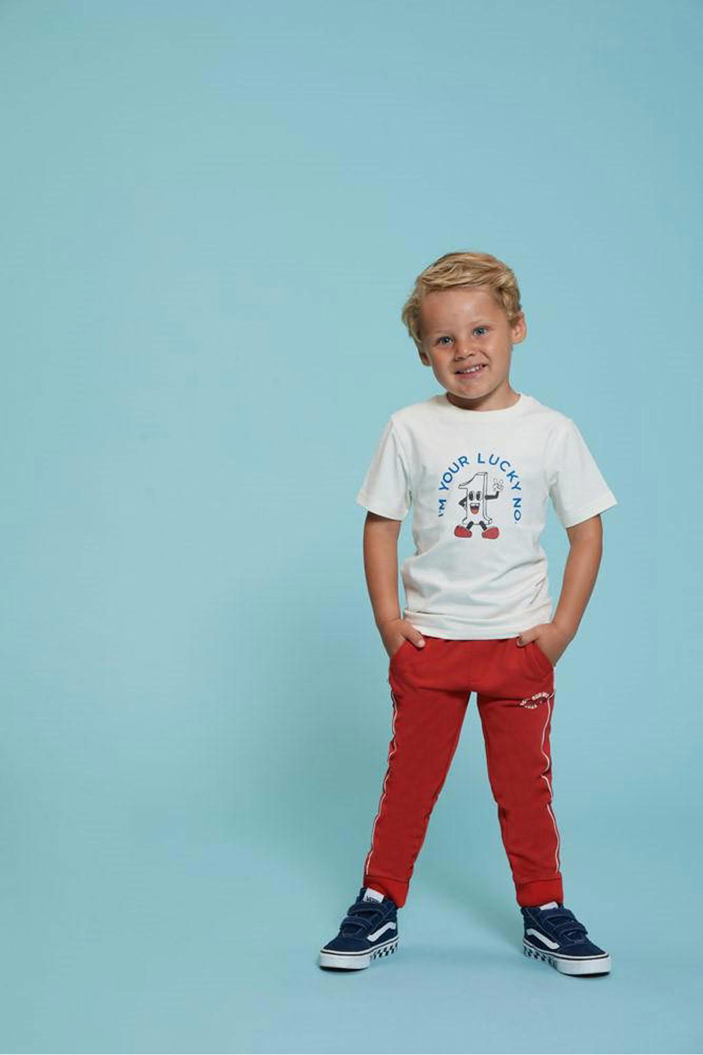 Ecru jongens Sturdy T-shirt Run the Day met printopdruk, korte mouwen en ronde hals