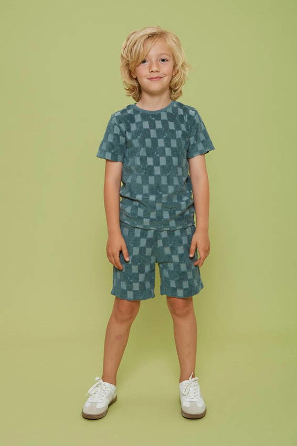 Petrolkleurige jongens Sturdy badstof T-shirt Lagoon Legends met korte mouwen en ronde hals