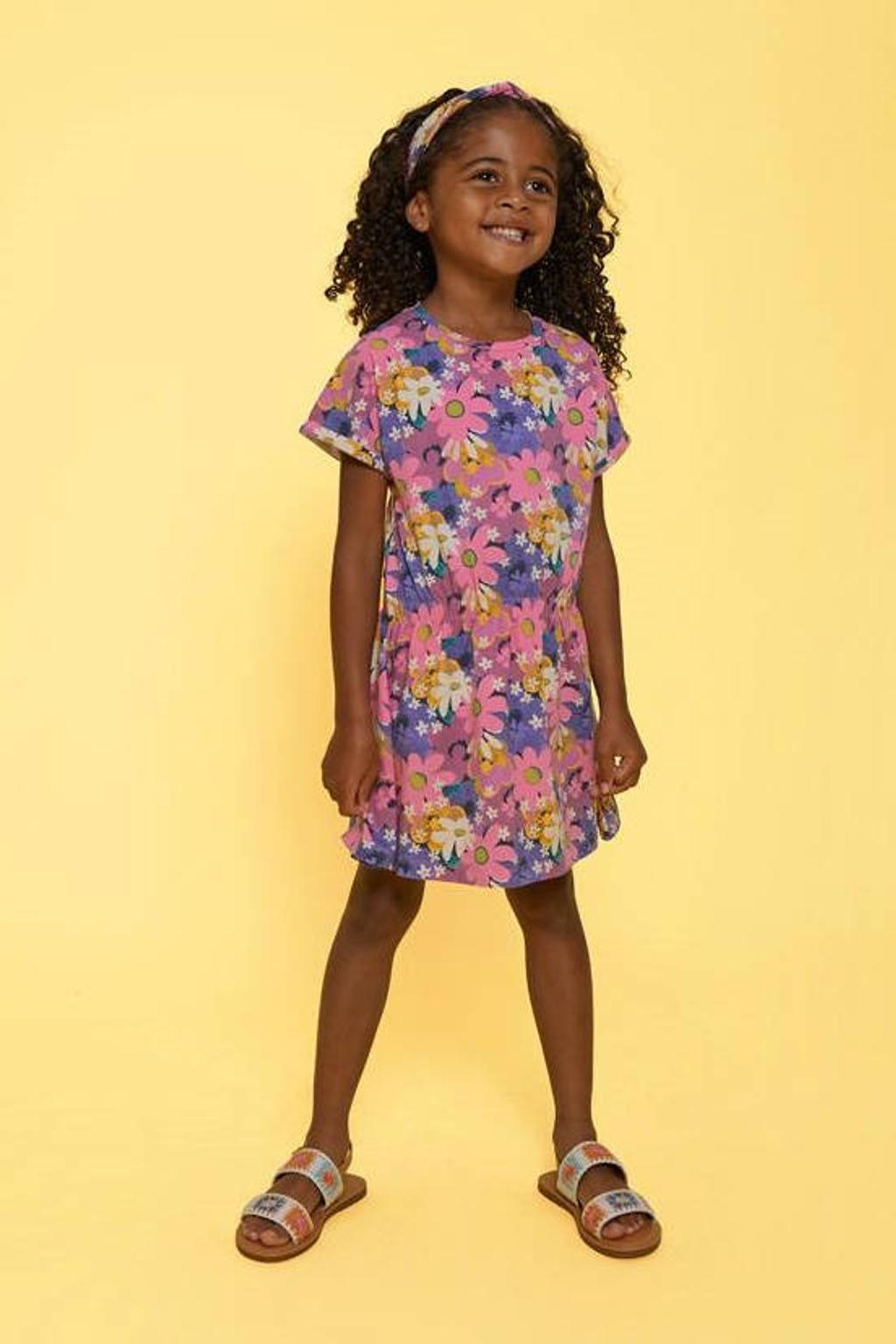 Roze, paars en gele meisjes Jubel jurk Rolling into Spring van stretchkatoen met bloemenprint, korte mouwen en ronde hals