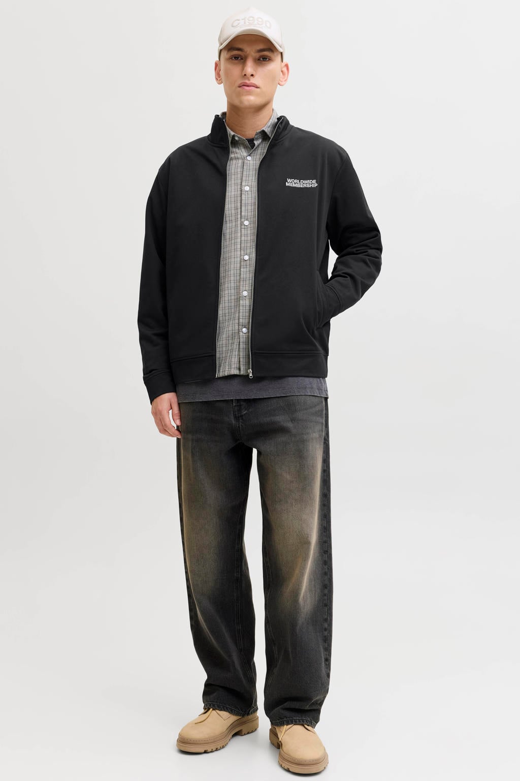 Zwarte heren JACK & JONES CORE sweatvest van polyester met effen, lange mouwen, opstaande kraag, ritssluiting en borduursels